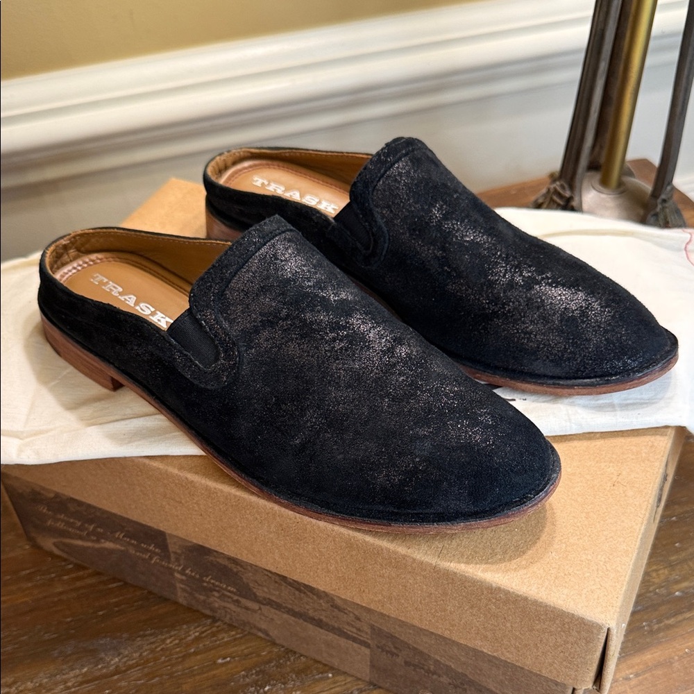 TRASK Shea Pewter Metallic Suede Mules